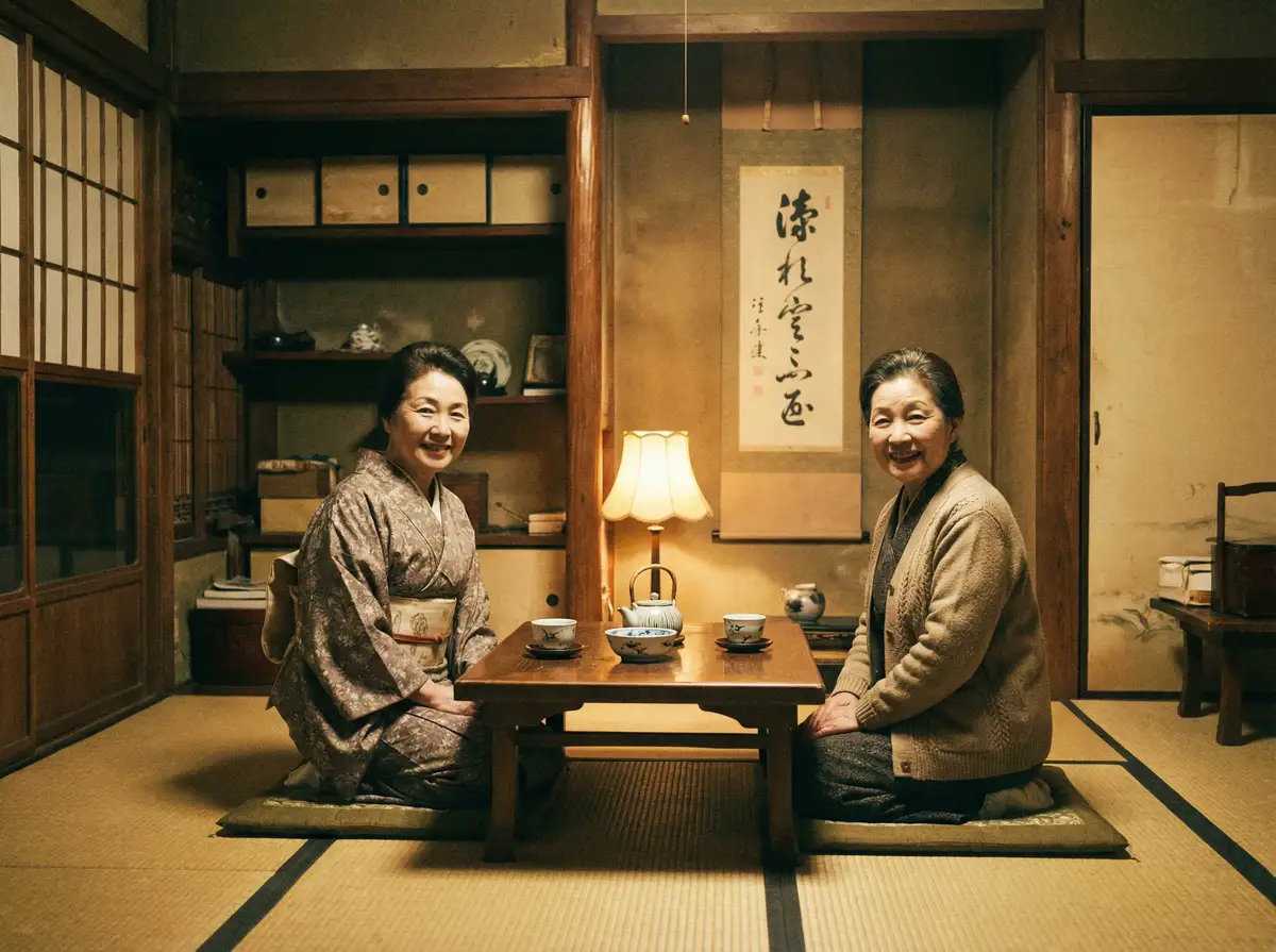 两位优雅的 竟博体育 在日式茶室中品茶交谈